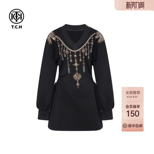 TCH2025冬新款时尚烫钻加绒V领气质显瘦长袖连衣裙女T75D30E1023