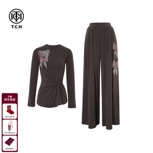 女T75D07E1066 套装 TCH百搭时尚 设计感烫钻气质百搭收腰上衣休闲裤