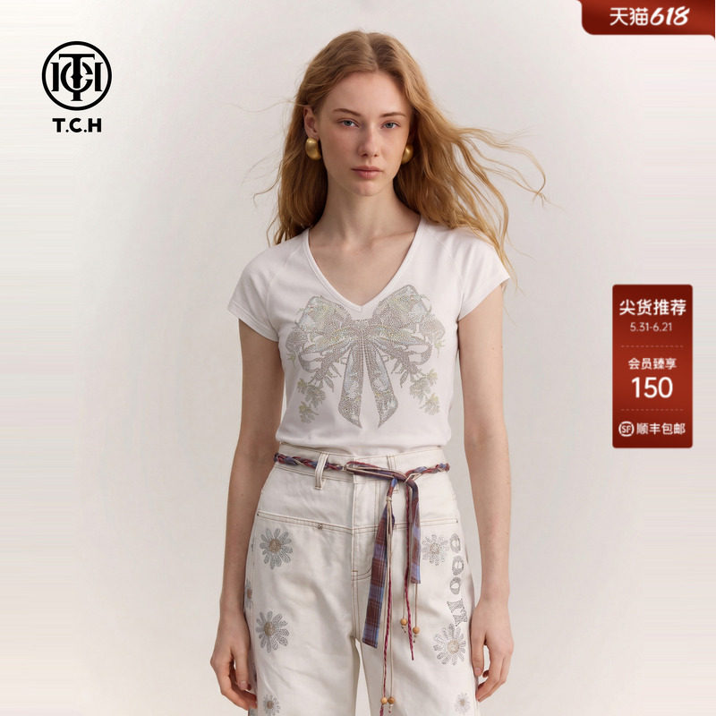 TCH烫钻蝴蝶结V领T恤女2026夏季新款修身显瘦百搭洋气短袖上衣女