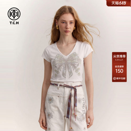 TCH烫钻蝴蝶结V领显瘦T恤女