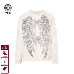 潮T75D09E1176 米色休闲宽松圆领针织衫 TCH时尚 烫钻麻花毛衣女冬季