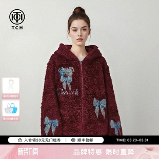 TCH新年穿搭宽松连帽烫钻小熊蝴蝶结酒红色毛毛外套女T78A27E1006