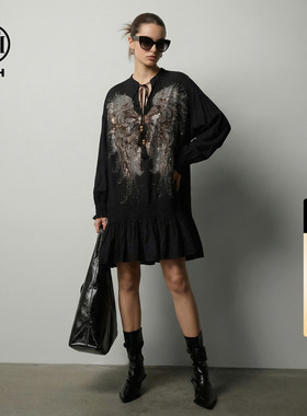 TCH2026夏季新款羽翼烫钻气质黑色显瘦荷叶边连衣裙女T78A30E1080