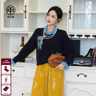 小熊烫钻气质感针织衫 100%绵羊毛 女T75C43E5039 藏青色 TCH法式