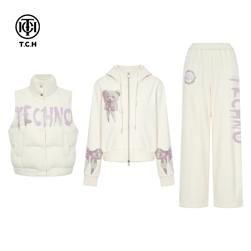 TCH加厚烫钻25秋冬新款时尚气质外套马甲休闲裤套装女T75C07E5042