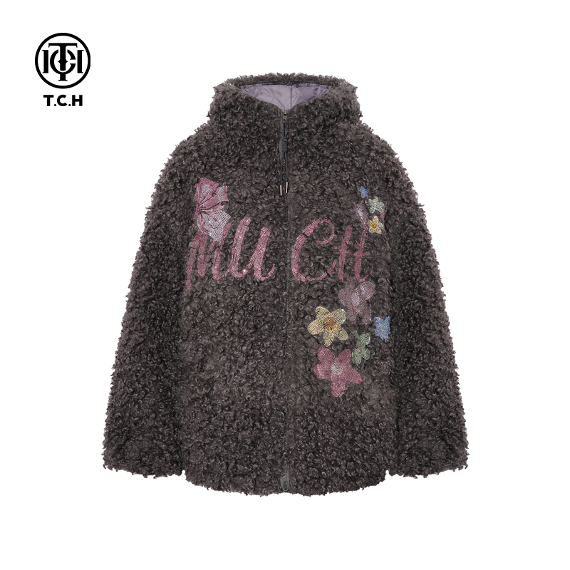 TCH私服慵懒烫钻时尚宽松毛毛棉服外套女2025冬季新款T75D18E5001