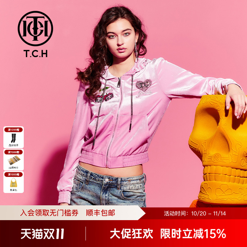 TCH潮牌丝绒烫钻拉链衫