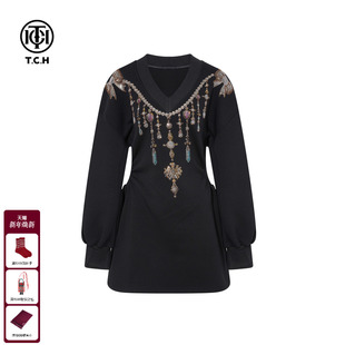 烫钻加绒V领气质显瘦长袖 时尚 连衣裙女T75D30E1023 新款 TCH25冬季