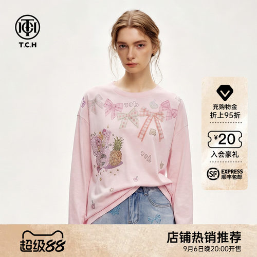 甜美少女风落肩蝴蝶结长袖T恤女