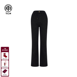 T75D20E1165 新款 TCH满天星烫钻直筒微喇显瘦黑色牛仔裤 女2025冬季