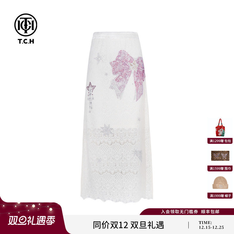 TCH私服时尚休闲百搭蝴蝶结烫钻蕾丝半身裙女秋季新款T75B22E5052
