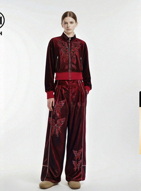 TCH个性潮流烫钻天使之翼酒红色立领外套阔腿裤套装女T78A07E1070