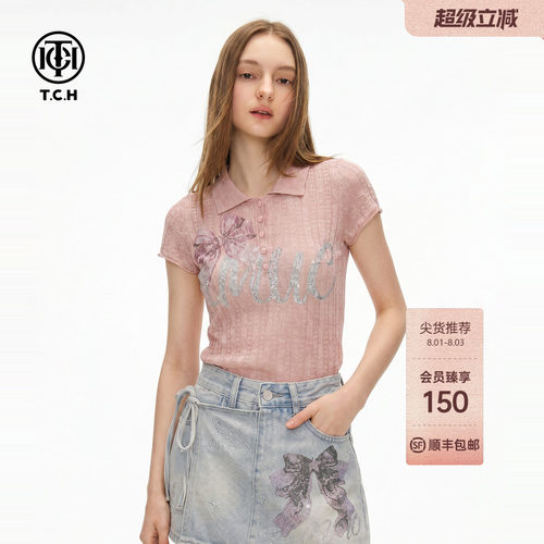 蝴蝶结烫钻polo领针织短袖女