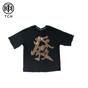 T恤烫钻發字夏季 黑色简约商场同款 轻奢潮牌短袖 T.C.H T211106022