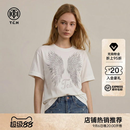 TCH休闲宽松卷边袖烫钻翅膀短袖T恤女2026年夏季新款圆领小众上衣