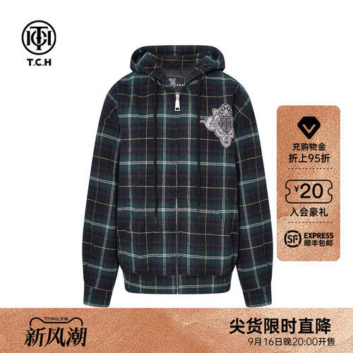 TCH潮牌烫钻格子保暖时尚连帽夹克外套2026早秋新款T75C27E9020