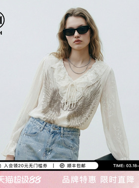 TCH设计感烫钻羽翼荷叶边V领米色宽松长袖气质衬衫女T78A13E1028