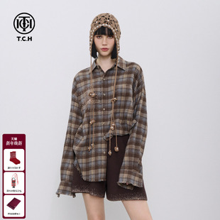 TCH复古港风奢华烫钻格子衬衫 上衣T72C13E5002A 女高级感流苏新款