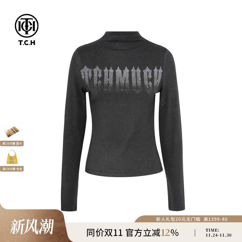 TCH私服烫钻半高领洋气内搭打底衫女修身显瘦长袖T恤T75C02E1005