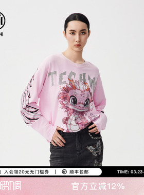 TCH春季新款烫钻长袖T恤女潮牌宽松休闲套头卫衣男T72C086012
