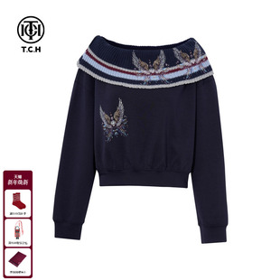 TCH私服烫钻时尚 T恤女T75C08E1020 休闲设计感毛针一字领宽松长袖