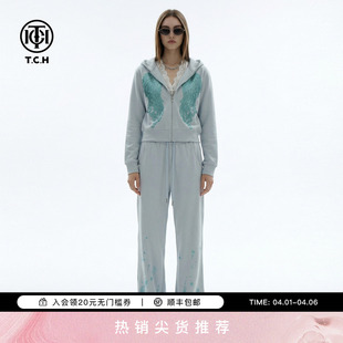 套装 T78A07E1140 休闲时尚 TCH烫钻翅膀宽松拼接蕾丝连帽外套阔腿裤