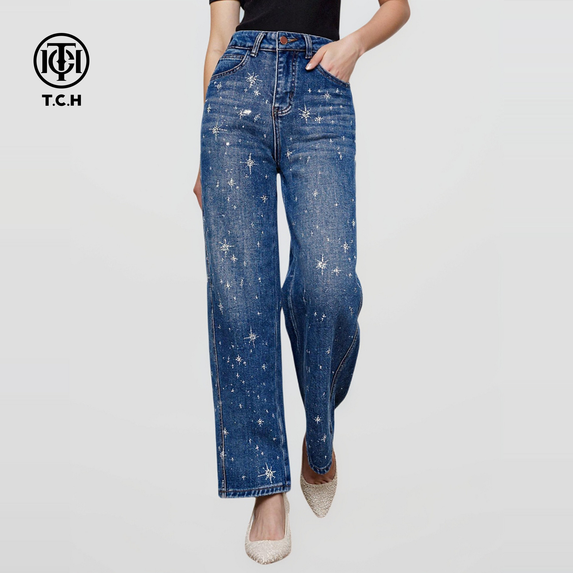 TCH璀璨流星裤设计感重工烫钻收腰阔腿牛仔裤女25秋冬T75D20E1048