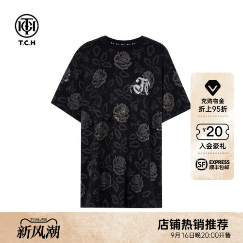 TCH轻奢连衣裙烫钻时尚黑色玫瑰高级感宽松休闲T恤裙女T75B306052