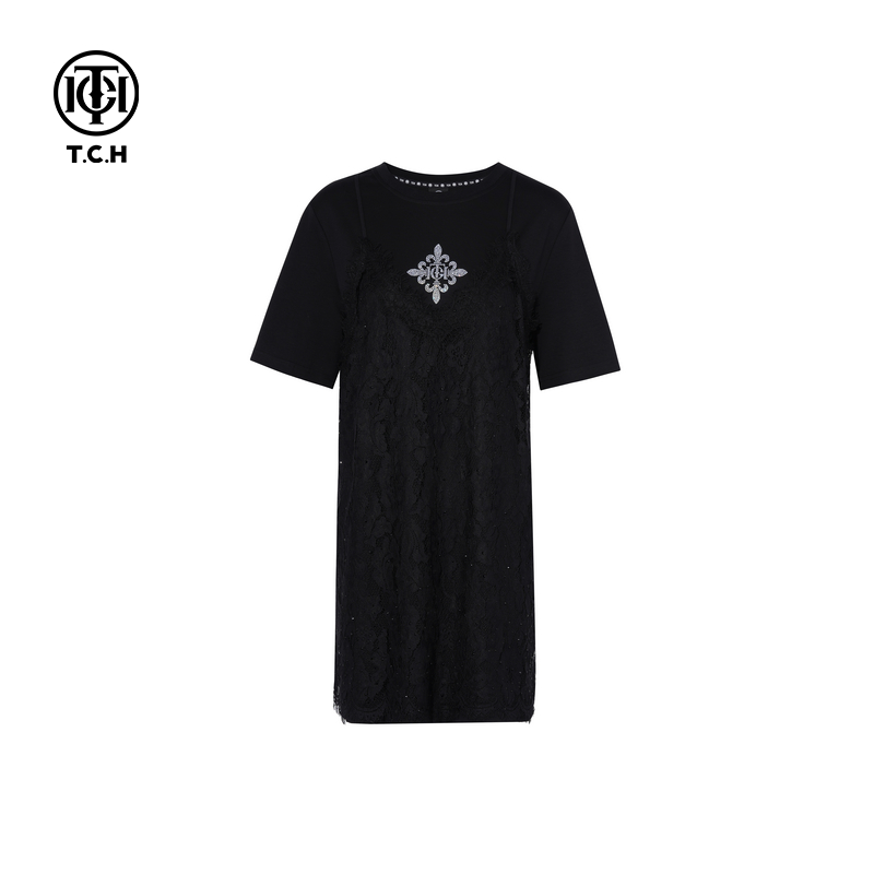 TCH轻奢满天星烫钻时尚气质黑色蕾丝吊带黑色连衣裙夏T75B30E1050