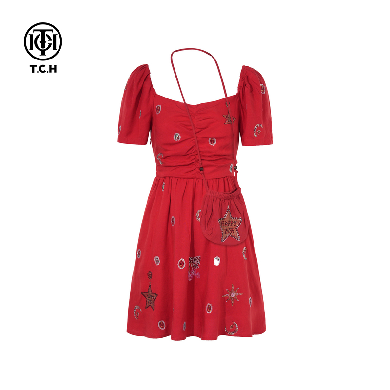 TCH私服烫钻红色连衣裙女夏收腰显瘦气质法式A字短裙T75B30E5280