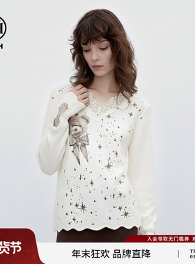 TCH私服25秋冬新款慵懒风烫钻时尚气质蕾丝边针织衫女T75D09E1052