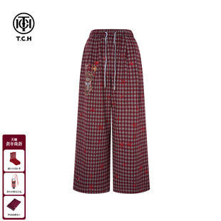 TCH秋冬百搭时尚 女T75D20E1236 烫钻慵懒风红色格子阔腿宽松休闲裤