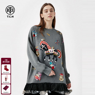 TCH萌趣本命财神马烫钻黑纱裙摆秋冬宽松卫衣连衣裙女T75D30E1047