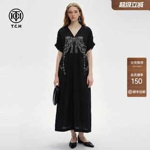 TCH烫钻大蝴蝶结V领宽松连衣裙女2026夏季新款黑色慵懒显瘦小黑裙