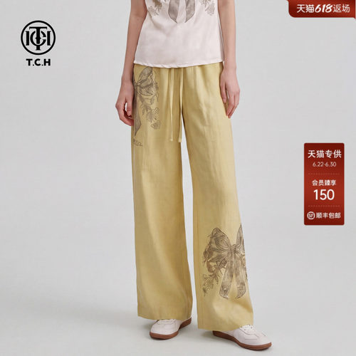 TCH亚麻烫钻蝴蝶结薄款直筒裤