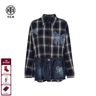 TCH私服烫钻潮牌街头宽松百搭格子牛仔拼接衬衫 外套女T75C13E1027