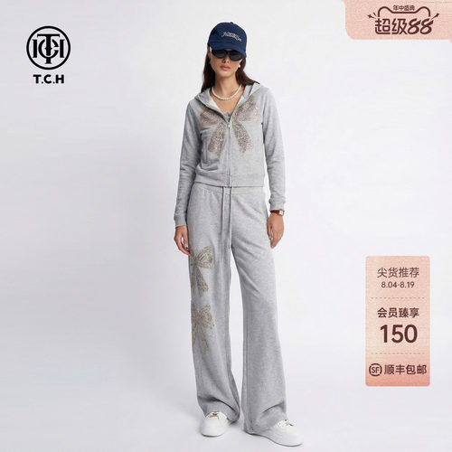 TCH烫钻修身长袖T恤女连帽外套休闲裤显瘦百搭三件套T78A07E1069A