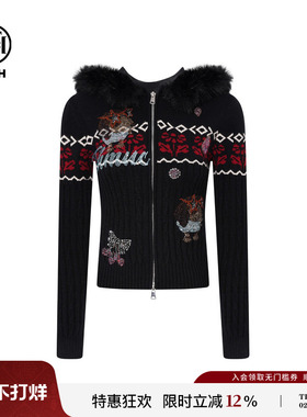 TCH私服烫钻费尔岛复古毛领连帽毛衣外套女25秋冬新款T75D17E1002