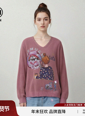 TCH2026春季新款慵懒烫钻萌趣紫色套头宽松V领针织衫T78A09E1033