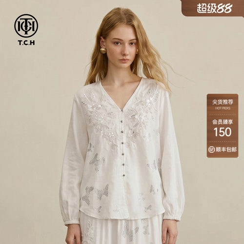TCH亚麻V领烫钻蝴蝶衬衫女