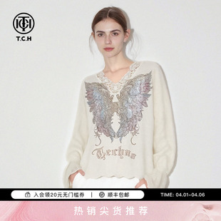 新款 T75D09E1289 女2025冬季 TCH温柔风烫钻提花蕾丝边V领针织衫