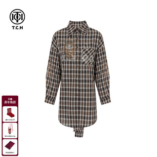 上衣女T75C13E5029 港风收腰显瘦格子衬衫 TCH私服烫钻2025秋季 新款