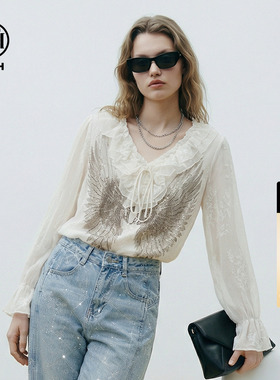 TCH设计感烫钻羽翼荷叶边V领米色宽松长袖气质衬衫女T78A13E1028