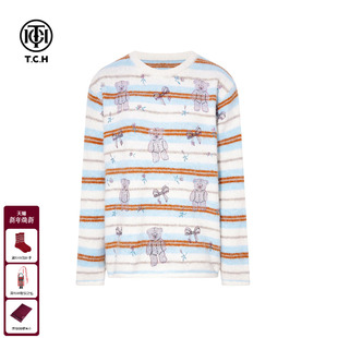 TCH时尚 女冬T75D09E5087 烫钻蓝色休闲宽松条纹撞色圆领毛衣针织衫