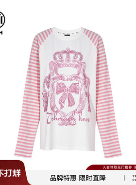 TCH轻奢潮牌烫钻条纹撞色插肩袖休闲宽松长袖T恤女T75C08E9021