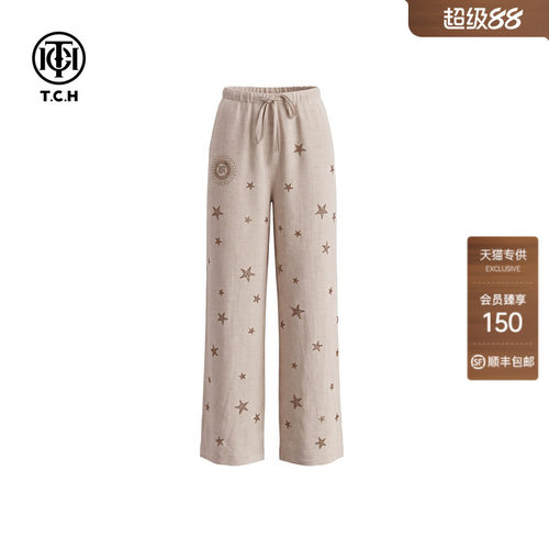 TCH亚麻烫钻星星轻薄直筒女裤