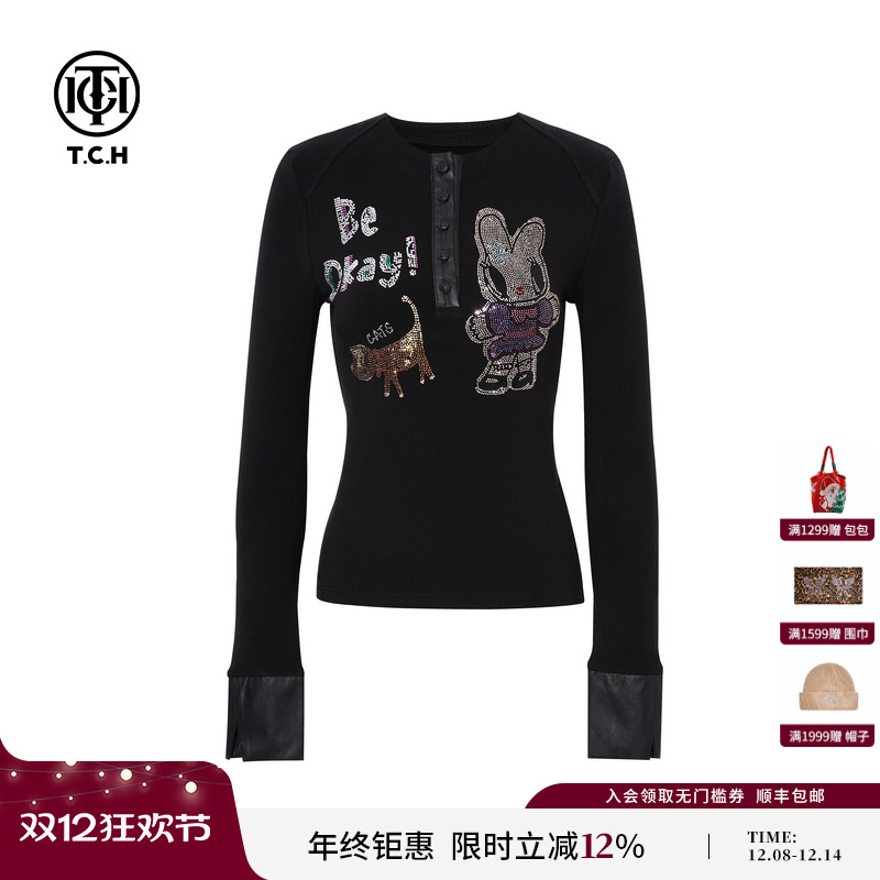 TCH私服烫钻黑色长袖T恤女25秋冬新款修身显瘦短上衣T75D08E1002
