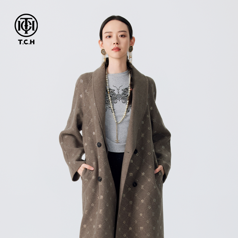 TCH潮牌烫钻LOGO简约气质百搭山羊绒长款毛呢大衣女2024秋冬新款