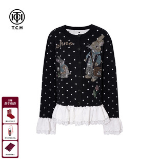 TCH时尚 毛衣女T75D43E1103 烫钻花边下摆圆领波点温柔减龄针织开衫