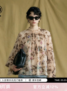 TCH温柔复古风烫钻花卉衬衫女宽松显瘦百搭木耳边上衣T78A13E1077